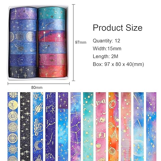 Galaxy Purple Washi Tape - Gold Foil Washi Masking Tape with Constalation, Blue Sky, Moon, Star, Celestial, Perfect for Bullet Journal, DIY Crafts