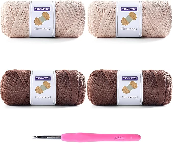 4 Pack Tshirt Yarn for Crocheting, Elastic T Shirt Spaghetti Thick Knitting Yarn Total Length 260 Yds for Crochet Bag Baskets Home Decor with 1 Crochet Hook (4-Beige+Coffee Color)