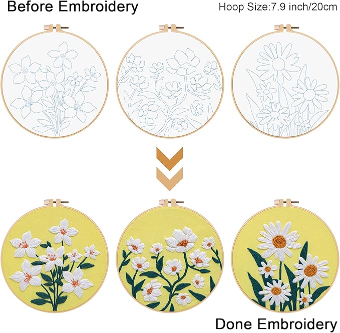 Louise Maelys 3 Sets Flowers Embroidery Kits for Beginners,Cross Stitch Kit for Adults,DIY Needlepoint for Starters Including Florals Pattern, Hoop,Instruction and Threads