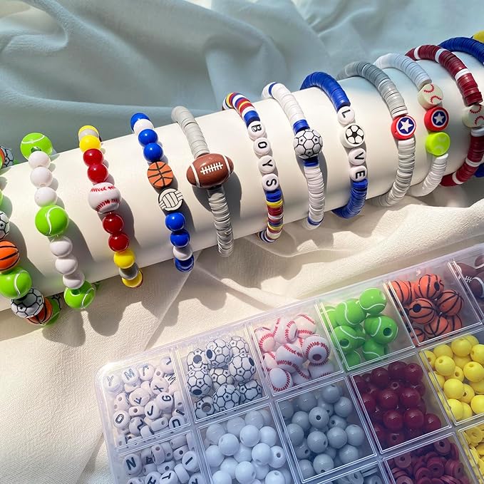 1888PCS Sports Ball Beads for Jewelry Making, Acrylic Clay Beads for Bracelets Volleyball Softball Football Baseball Basketball Soccer Bead with Letter Bead for DIY Crafts
