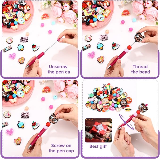 Humyoun 122 Pcs Silicone Focal Beads for DIY Pens Making Kit Include 12 Beadable Pens 110 Silicone Focal Beads for Pen Keychains DIY Making