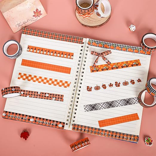 Whaline 12 Rolls Fall Plaid Washi Tapes Colorful Buffalo Plaid Autumn Pumpkin Truck Maple Leaves Gnome Pattern Masking Tape Decorative Tape for Fall Scrapbook Journal DIY Craft Gift Wrapping, 0.6Inch