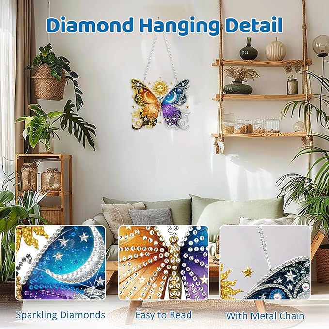 MEIYUDA Butterfly Diamond Art Hanging Kits for Adult, Butterfly Sun Moon Diamond Painting Hanging Kits Ornaments, DIY Special Shaped Rhinestone Window Pendants kit for Home Garden Wall Decor Gift