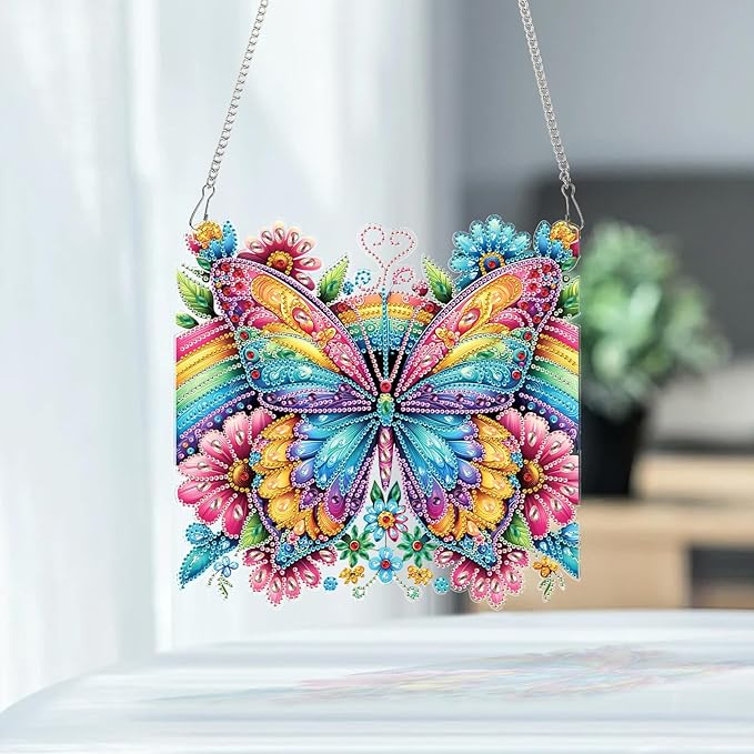 AiYuanzsh Diamond Art Suncatcher Hanging Kit Rainbow Butterfly with Flowers, Colorful Special Shaped Diamond Painting Ornament for Adults, DIY 5D Crystal Diamond Art Pendant Decoration