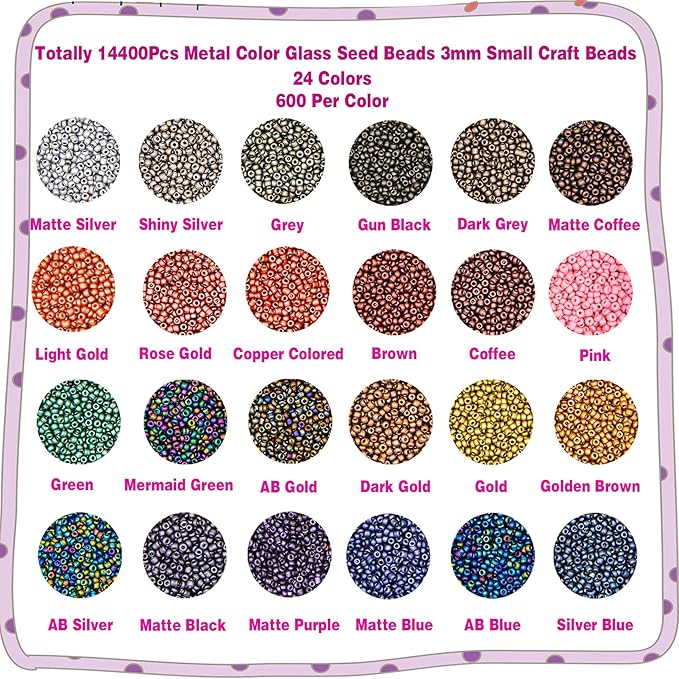EuTengHao 8/0 Glass Seed Beads Kit, 3mm Metal Color Waist Beads, 24Colors Small Pony Beads with String for Bracelet Necklace Earring Jewelry Making (14405PCS, 600 Per Color)