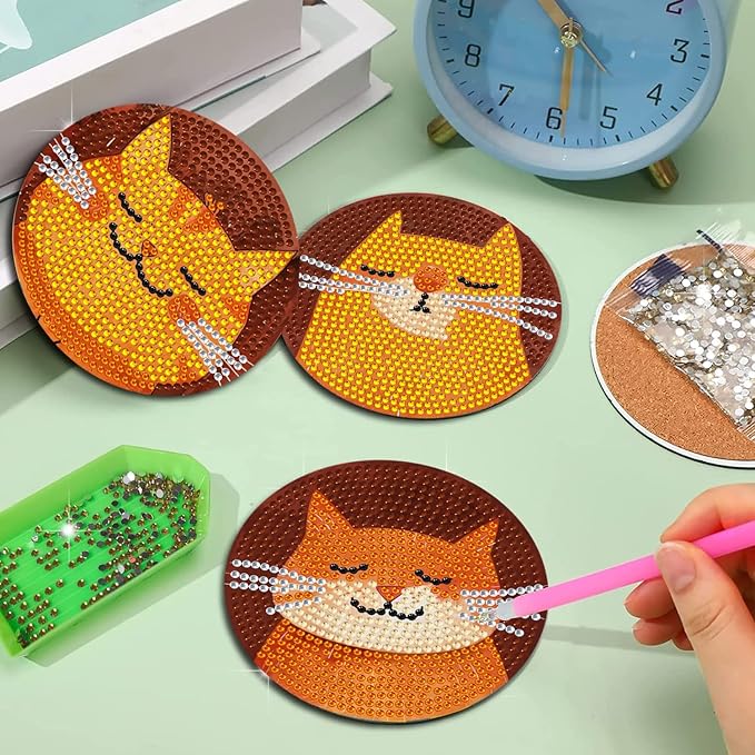 EWJRNSF 6 PCS Diamond Painting Coaster Set - Small Diamond Painting Coasters Kit for Beginners and Adults - Art Craft Supplies Item Cat