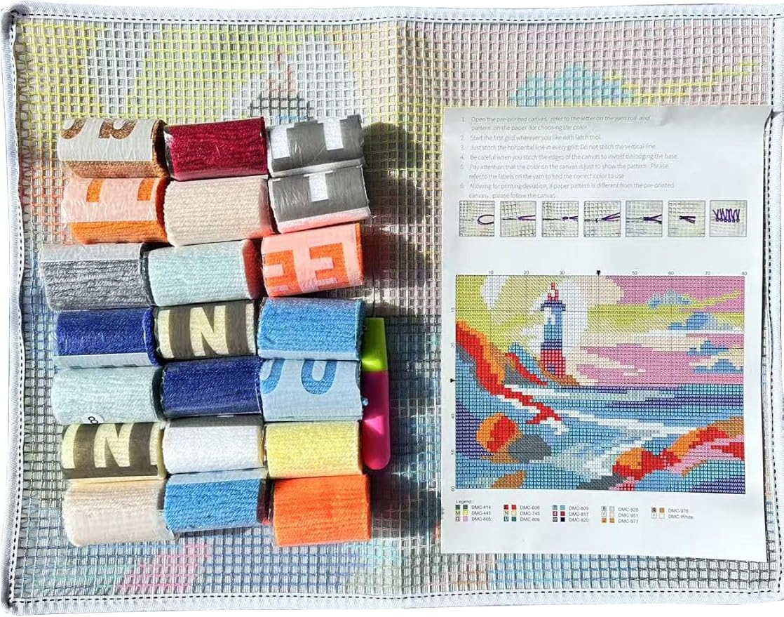 GLAECYY Latch Hook Kits Rug Crochet Yarn Kit Cushion Colour Pre-Printed Canvas Rug Needlework DIY Hook and Latch Kit (Seaside Lighthouse)