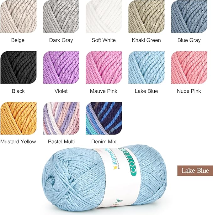 Katech Pure Cotton Yarn for Crocheting & Knitting–Soft Sport Weight CYC #2, 6 Skeins (50g Each, 300g Total), Ideal Crochet Yarn for Dishcloths, Baby Clothes, Socks, Lightweight Scarves（Lake Blue
