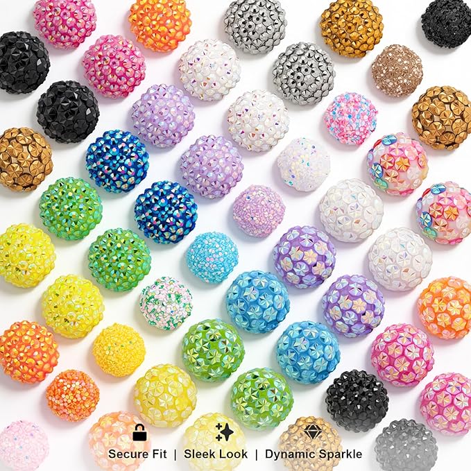 50Pcs Rhinestone Beads for Pens, 20mm Resin Rhinestone & Snowflake and 16mm Sequin Beads, Round Sparkly Chunky Bubblegum Bead Set for DIY Beadable Pens Keychain Necklace Bracelet Jewelry