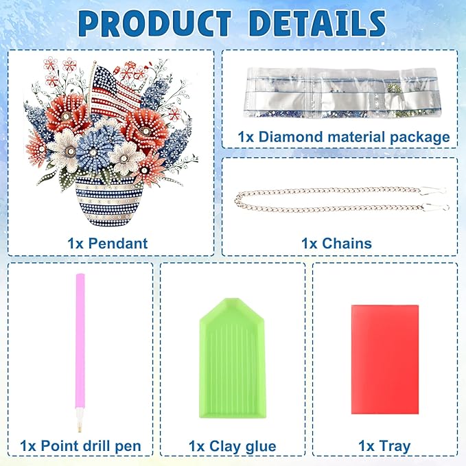 DOMROM 4TH of July Diamond Art Hanging Kit for Adult, Flower Diamond Art Hanging Kit, Patriotic DIY Diamond Art, Independence Day Diamond Hanging Pendant, Window Pendants Garden Wall Hanging Ornament