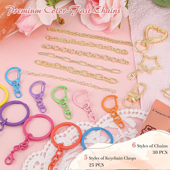 Ecoofor 502 Pcs Keychain Making Kit - Includes 25 Keychain Clips, 30 Extender Chains, 162 Charms, Beading Accessories, Jewelry Pliers - DIY Bag Charms & Jewelry Craft Kit Supplies