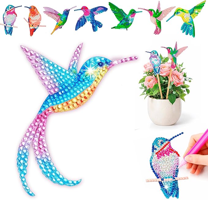 BEAUTYMEHNDI STORE 10 Pack Diamond Art Bird Plant Stakes – DIY Hummingbird Mini Diamond Painting Kit for Adults, Garden Decor for Potted Plants, Gift for Plant Lovers
