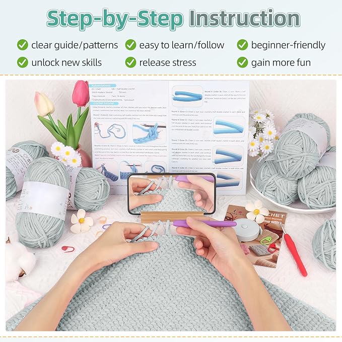 Aeelike Blanket Crochet Kit for Beginners, Easy Crochet Blanket Kit with Soft Chenille Yarns Detailed Instruction Crocheting Accessories Complete Beginners Crocheting Kits, Cyan-Gray