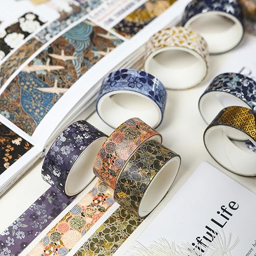 10 Rolls Sakura Washi Tape Set Japanese Arts Adhesive Tapes Gold Silver Foil Decorative Masking Tape Sets for Craft, Kids, Scrapbook, DIY, Gift Wrapping (Golden Kimono)