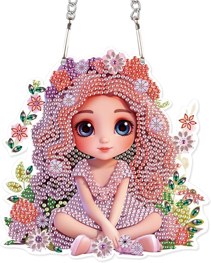 AiYuanzsh DIY Beautiful Girl Diamond Art Hanging Kit, Floral Special-Shaped Crystal Diamond Painting Pendant Ornament for Home Wall Decor Gift for Adults