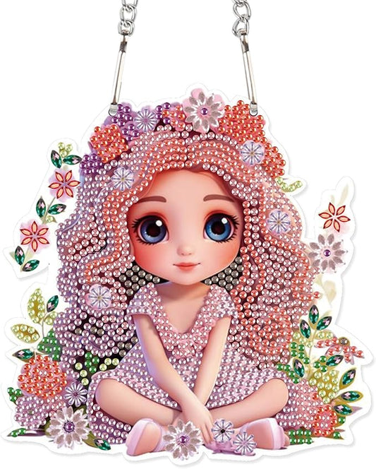 AiYuanzsh DIY Beautiful Girl Diamond Art Hanging Kit, Floral Special-Shaped Crystal Diamond Painting Pendant Ornament for Home Wall Decor Gift for Adults