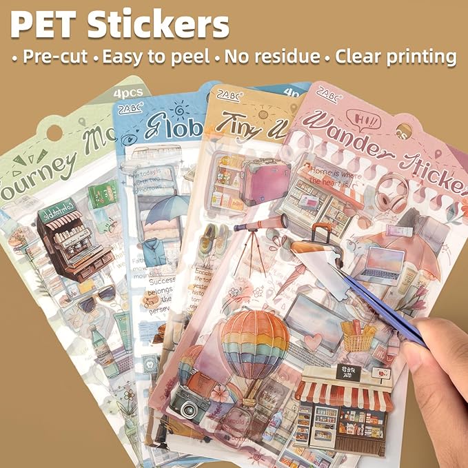 Uideyvi Travel Series Sticker Scrapbooking Supplies for Junk Journal, 16 Sheets PET Stickers(TZ-010-005)