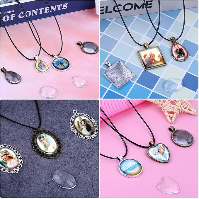Aenezus Pendant Trays Set with Glass Cabochons for Jewelry Making - 90pcs, Includes 30pcs Bezel Pendants, 30 Glass Cabochons, 30 Necklace Cords