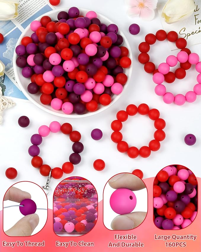 160pcs fiveizero 15mm silicone beads for keychain making - mixed color round rubber beads bulk, diy craft supplies for bracelets necklaces pens(red)