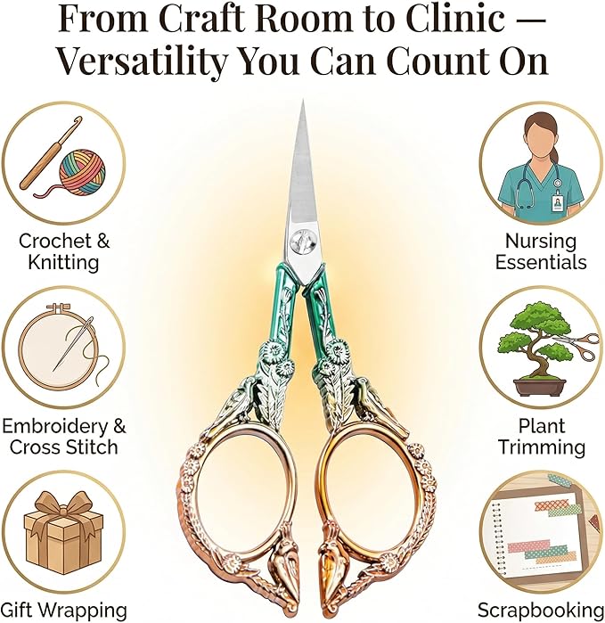 Crochet Scissors with Cover – Green Gold Vintage Small Embroidery Scissors, Sharp Bird Craft Scissors for Yarn Thread Sewing Needlework, Pretty Gift for Crocheter Quilter, 4.6 Inch