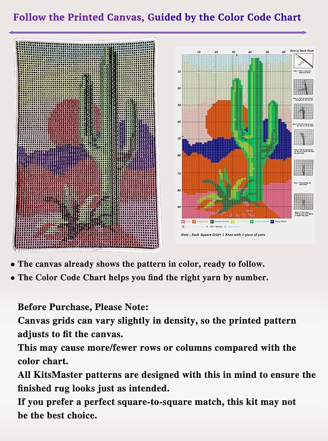 KitsMaster Desert Sunset Latch Hook Rug Kit for Adults –Southwest-Inspired Cactus Design, Pre-Printed Canvas & Pre-Cut Yarn, Gifts & Relaxation, 23.6''x15.8'' (Sunset Cactus)