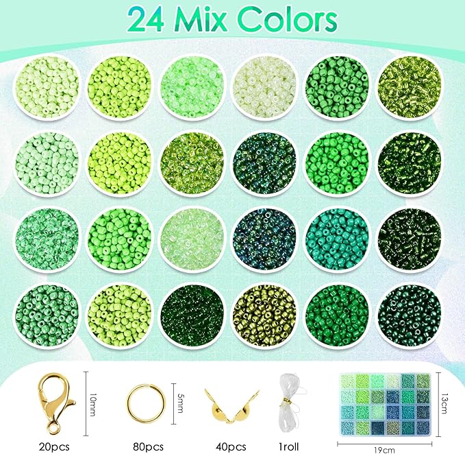 Vtssvow 3mm Glass Seed Beads for Bracelets Making, 24 Colors 10000pcs Friendship Bracelet Making Kit, Small Glass Beads for Jewelry Making (Mix 24 Color, Green)
