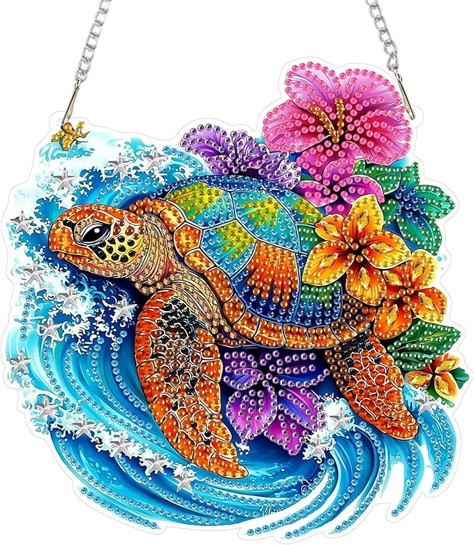 RICUVED Hanging Diamond Art Kit Turtle, Special Shaped Crystal Craft Sea Diamond Painting Pendant Kit for Adults Beginners, DIY Flowers Hanging Diamond Art Ornament Kit for Home Garden Decor