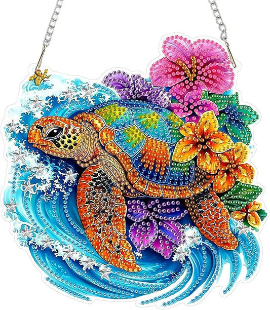 RICUVED Hanging Diamond Art Kit Turtle, Special Shaped Crystal Craft Sea Diamond Painting Pendant Kit for Adults Beginners, DIY Flowers Hanging Diamond Art Ornament Kit for Home Garden Decor
