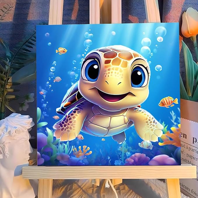Reivworl Paint by Numbers Kit for Kids with Frame and Easel, Sea Turtles Paint by Number for Kids Age 6-8-12, Acrylic Paint by Numbers for Gifts and Home Decor (8X8inch)