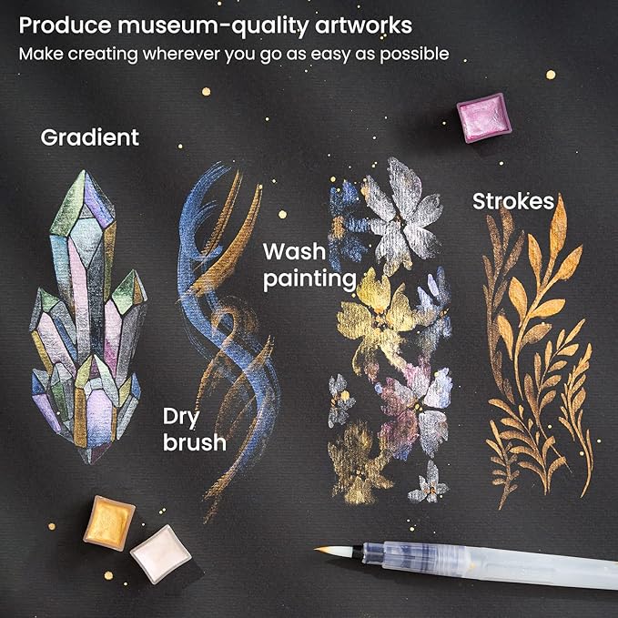 ARTEZA Metallic Watercolor Paint Set 24 Colors, Shimmering Watercolors in Half Pans with Water Brush Pen & Tin Box, Luminous, High-Pigment Paints for Paper & Mixed Media, Holiday Gift for Artists