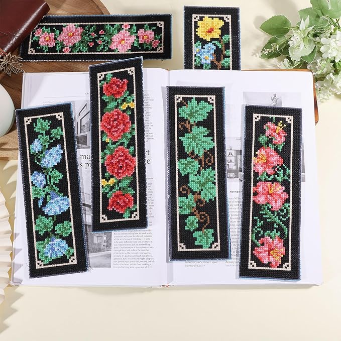 ORIGACH 6 Set Floral and Vine Cross Stitch Bookmark Kit for Beginner with Backing Felt Floss Instructions DIY Stamped Embroidery Bookmark Kit for Adults, Book Lovers