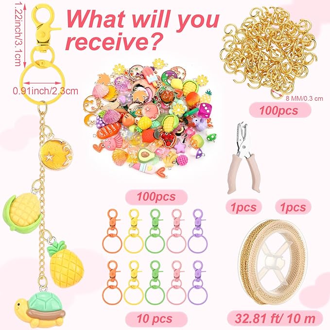 VioraWhite 213 Pcs Lip Gloss Keychain Making Kit 100 Pink Enamel Charms 32.81 ft Gold Chains for DIY Crafts Women(Cute)