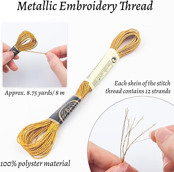 6 Skeins Embroidery Thread, Metallic Bronze Embroidery Floss Friendship Bracelet String, Polyester Cross-Stitch Threads for Hand Embroidery, String Art