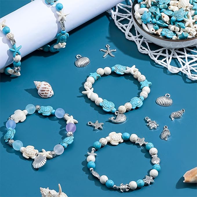 325Pcs Turquoise Sea Turtle Beads Blue and White Starfish Beads Tortoise Turtle Charms Summer Ocean Animal Spacer Bead Shell Bead for Jewelry Making DIY Bracelet Necklace Supplies(Box)