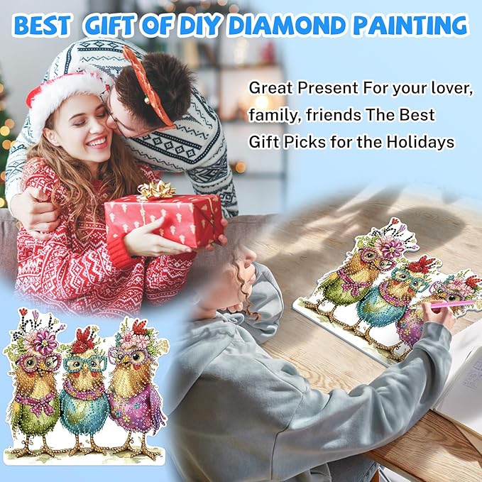 Bowetile Hanging Diamond Art Chicken Kits for Adults, 5D Special Shape Diamond Painting Chicken Kits, Animal Diamond Gem Art Suncatchers Painting Pendant Ornament for Home Garden Wall Decor