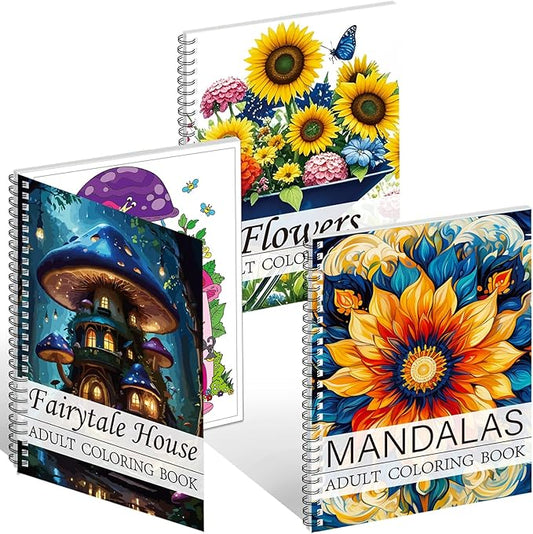 Aannanl Adult Coloring Book Set of 3 Coloring Books for Adults Relaxation Include Mandalas,Flowers and Fairytale House Theme,Color Books for Women Men to Relieve Anxiety and Stress Relief