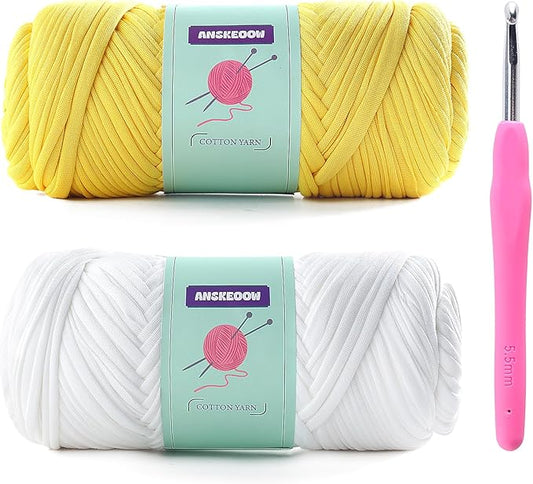 2 Skeins Tshirt Yarn for Crochet,Soft T Shirt Yarn for Crocheting Bag/Basket/Home Decor,Trapillo para Tejer a Crochet Bolsas with 1 Crochet Hook,Each Ribbon Yarn 7oz, 65yd (White+Chicken Yellow)