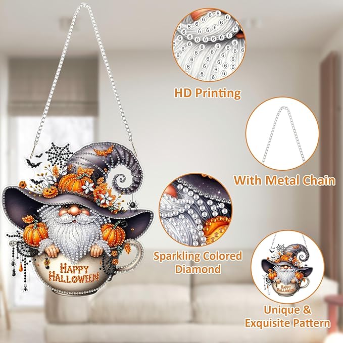 SENQAO Happy Halloween Gnome Diamond Art Hanging Kits for Adults Beginners, DIY Acrylic 5D Special Shaped Crystal Diamond Gem Art Painting Hanging Ornament for Home Wall Decor and Gift