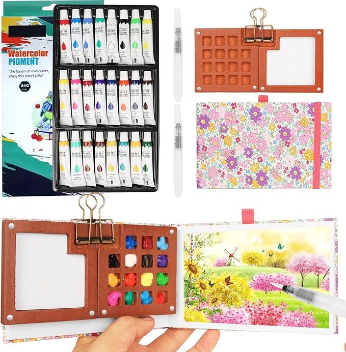 Mini Watercolor Paint Set, Watercolor Kit, Mini Watercolor Travel Set with Wooden 15-Grid Palette, 24 Colors Paint, 2 Brushes, Copper Clip & Sketchbook for Travel Painting