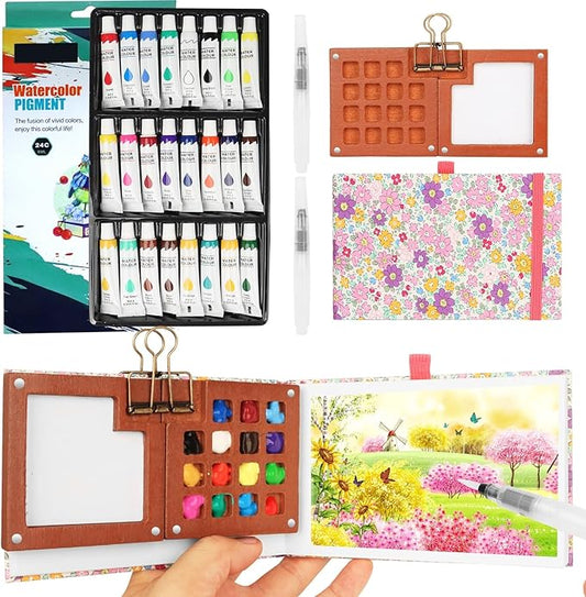 Mini Watercolor Paint Set, Watercolor Kit, Mini Watercolor Travel Set with Wooden 15-Grid Palette, 24 Colors Paint, 2 Brushes, Copper Clip & Sketchbook for Travel Painting