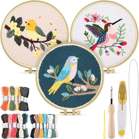 TINDTOP 3 Sets Punch Needle Kits, Panda Punch Embroidery Kits for Adults Beginner, Tool with Punch Needle Fabric, Hoops, Yarns and Sewing Needles (Bird)