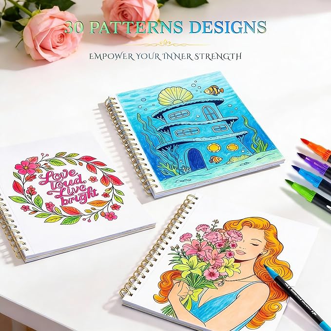 Ospelelf Adult Coloring Book Set Women Relaxation Gifts with 24 Colors Markers for Birthday, Stress Relief with 30 Patterns Included Animal, Flowers, and Positive Messages for Her
