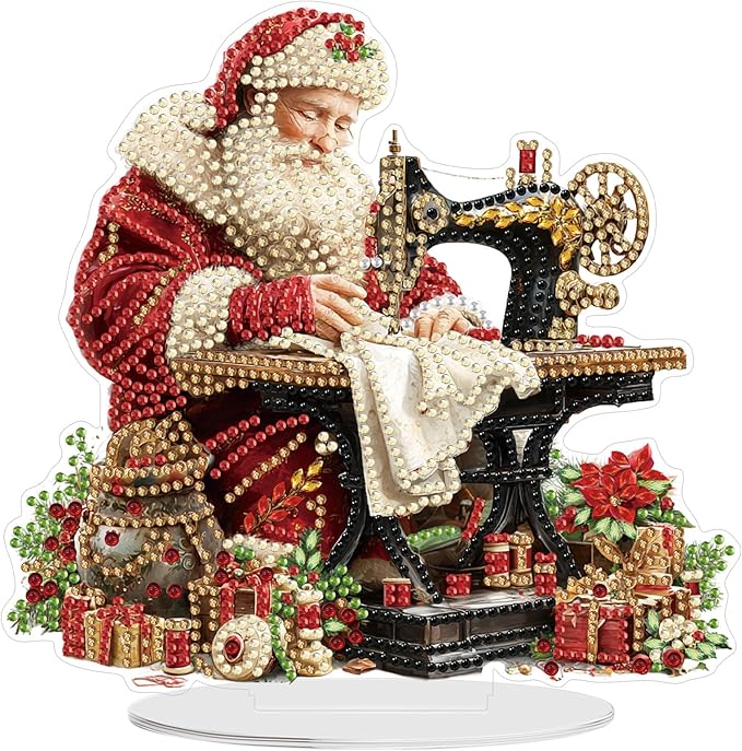 Diamond Art Kits for Adults, Santa Claus with Sewing Machine, Special Shaped Rhinestone Diamond Art Christmas Ornaments, Santa's Domestic, Diamond Painting Desktop Ornament Gem Art crafts Home Decor