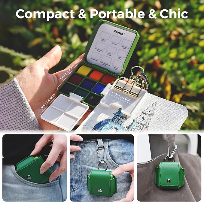 Funto Mini Watercolor Travel Set, Christmas Green Gift Travel Artist Outdoor Sketch Kits with 2 Foldable Palettes, Portable Leather Case and Metal Clip, Kit for Art Lovers