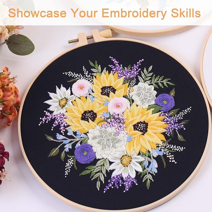 REEWISLY 4set Beginner Embroidery Kit for Adults, 4 Floral Patterns with 2 Hoops, Embroidery Starter Kit with Needles & Floss, Cross Stitch Kits for Beginners, DIY Craft Kit for Handmade Enthusiasts