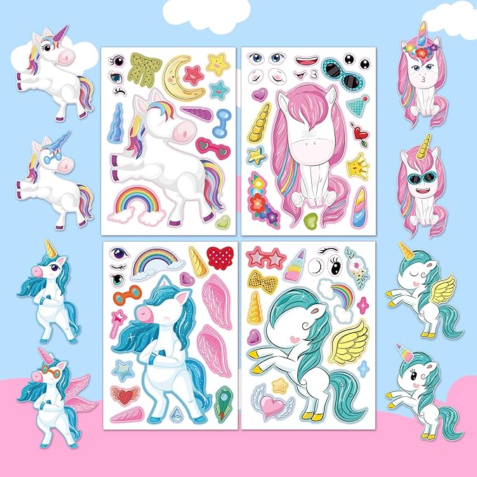 aowplc 30 sheets make a unicorn stickers for kids party favors, birthday decorations & craft activities
