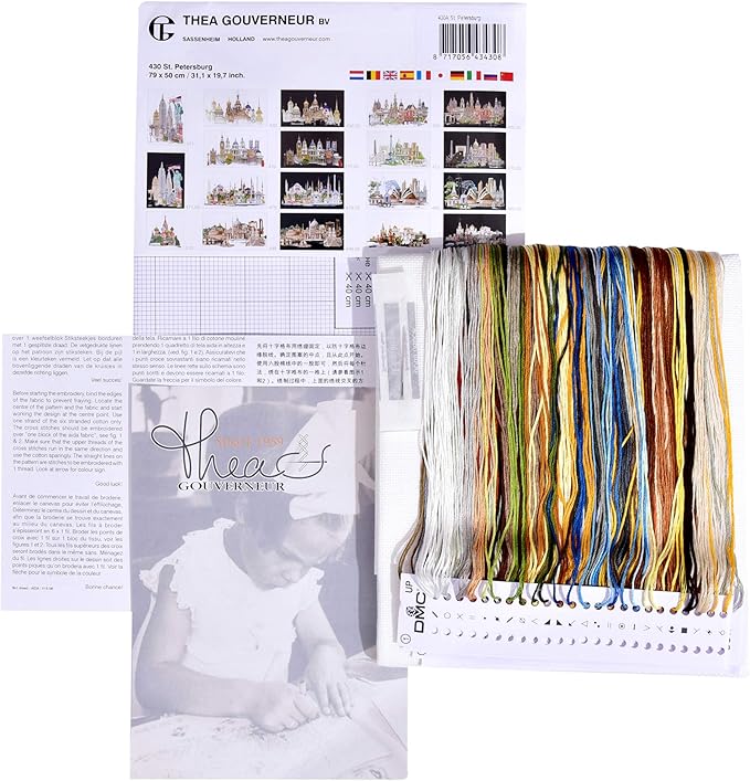 Thea Gouverneur - Counted Cross Stitch Kit - St. Petersburg - Aida - 18 Count - Embroidery Kit for Adults - DMC Embroidery Threads and Other Cross Stitch Supplies Included - 430A