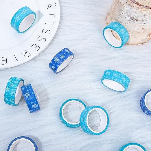 Whaline 12 Rolls Winter Washi Tape Blue Snowflake Theme Washi Tape Masking Decorative Party Gift Warp Paper Tape for Christmas Winter Decor DIY Craft Scrapbook Party Favor Supplies