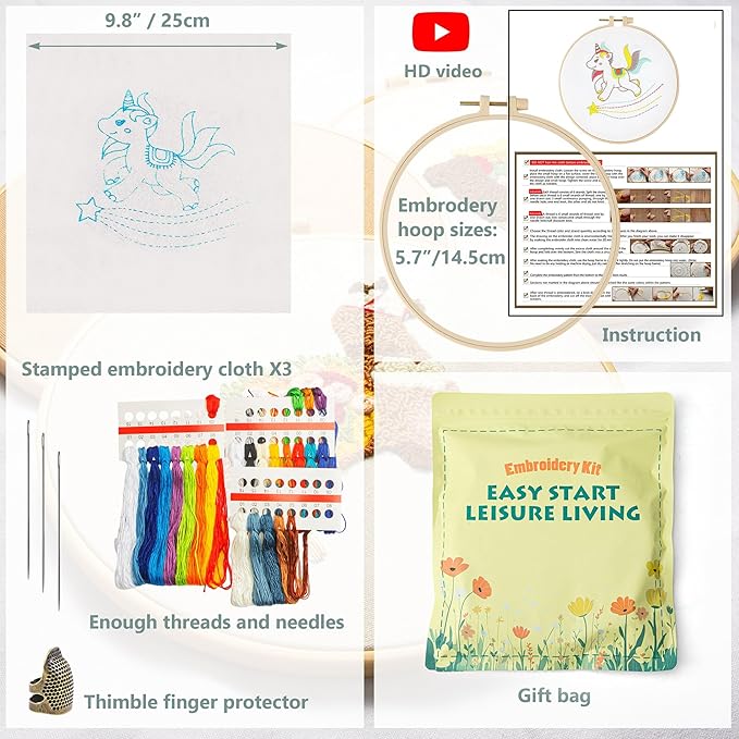 embroidery kit for beginners adults, adult starter cross stitch kit needlepoint complete diy kit with unique patterns, hoop, colorful threads, tools, step by step instructions & video tutorial