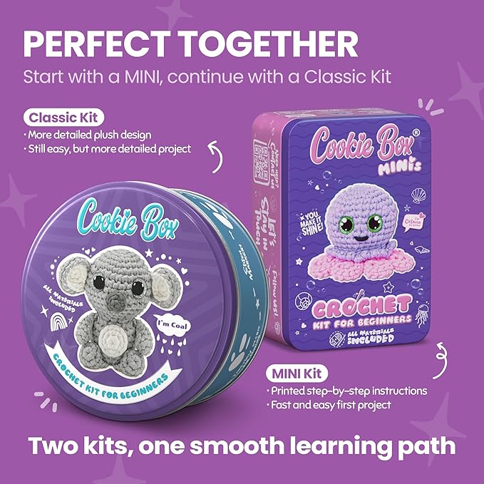 Cookie Box Original Crochet Kit for Beginners – Gift Set to Make Koala Coal Amigurumi Plushie – Easy DIY Crochet & Knitting Starter Kit with Video and PDF Tutorials